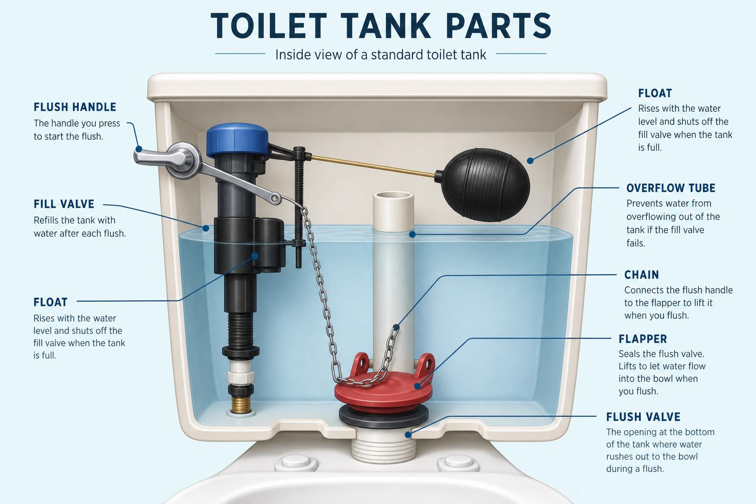 Labeled diagram of the parts inside a toilet tank: flush handle, fill valve, float, overflow tube, chain, flapper, and flush valve